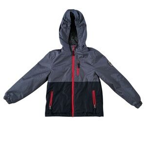 Kids Snow Coat- Grey and Black Hooded with Red Accents and furry lining